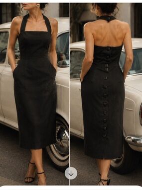 Vintage Cathy Hardwick Black Linen Halter Dress